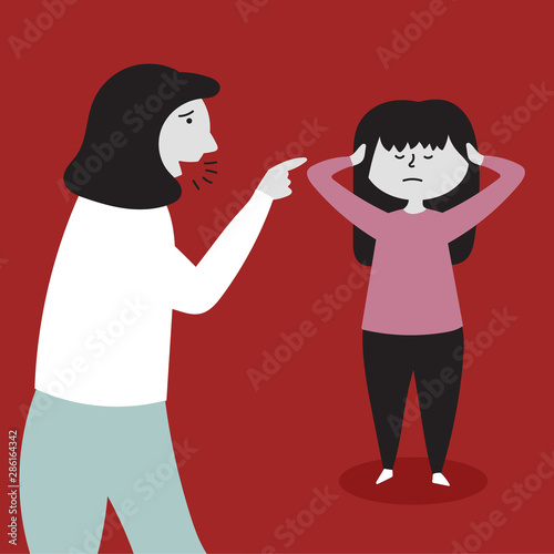 Mom yells at her daughter. The child does not listen, covers his ears with his hands. Child abuse. Editable Vector Illustration