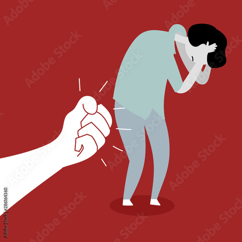 Beating a child. The slave trade of children. Child abuse. Editable vector illustration