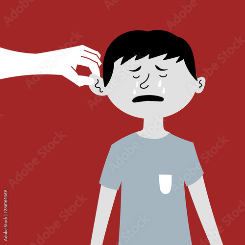 Humiliation and beating of a child. Pulling by the ear, the boy is crying. The slave trade of children. Child abuse. Editable vector illustration