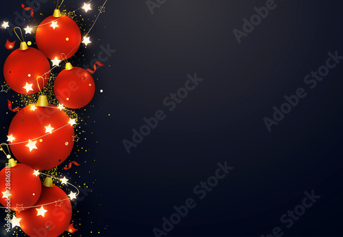 Happy New Year 2020 background. Red christmas balls, lights garlands, confetti, sparkles on the dark background, place for text Vector illustrations.