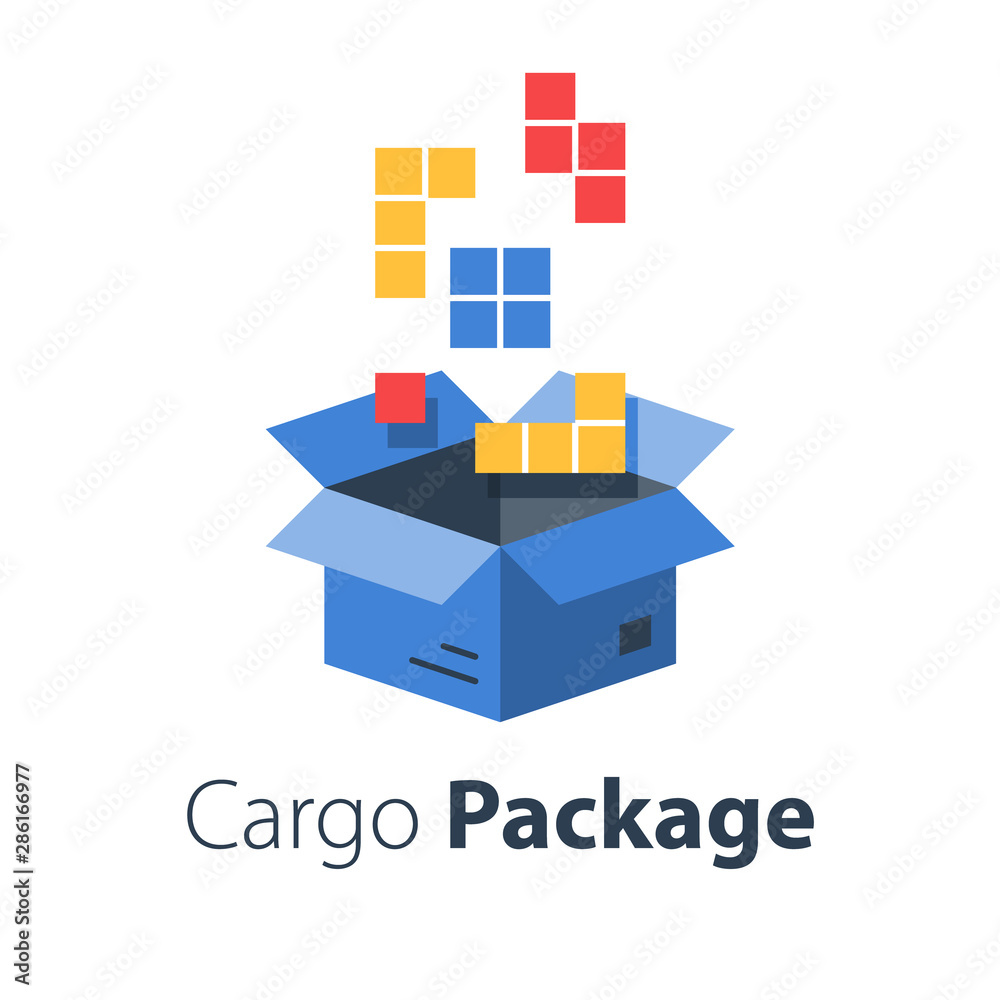 Fototapeta premium Logistics services, assemble parcel, multiple shop order, pack large set of items in box