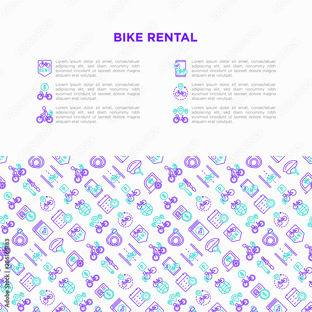 Bike rental concept with thin line icons: rates, bicycle tours, pet trailer, padlock, helmet, child seat, sharing, pointer, deposit, mobile app, cycling route. Vector illustration for sport issues.