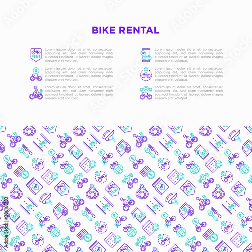 Bike rental concept with thin line icons: rates, bicycle tours, pet trailer, padlock, helmet, child seat, sharing, pointer, deposit, mobile app, cycling route. Vector illustration for sport issues.