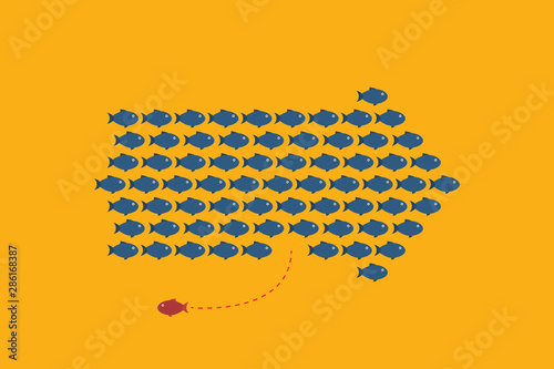 Think differently -One red unique different fish swimming opposite way of identical blue ones.  