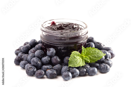 Jar of Homemade Blueberry Jam Isolated ona White Background