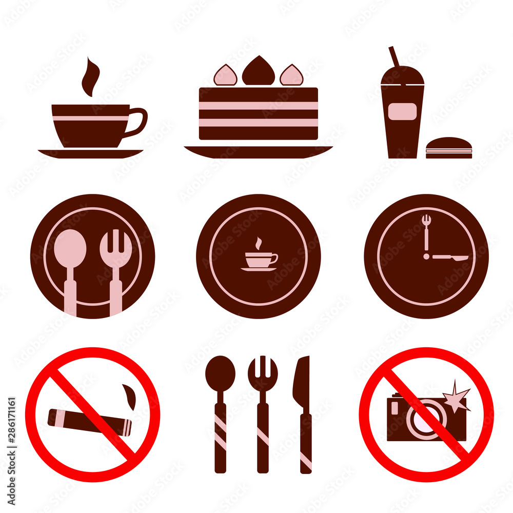 Food, drinks, camera, no Smoking: set of 9 vector icons. Cake, cake, plate, opening hours, fork, spoon