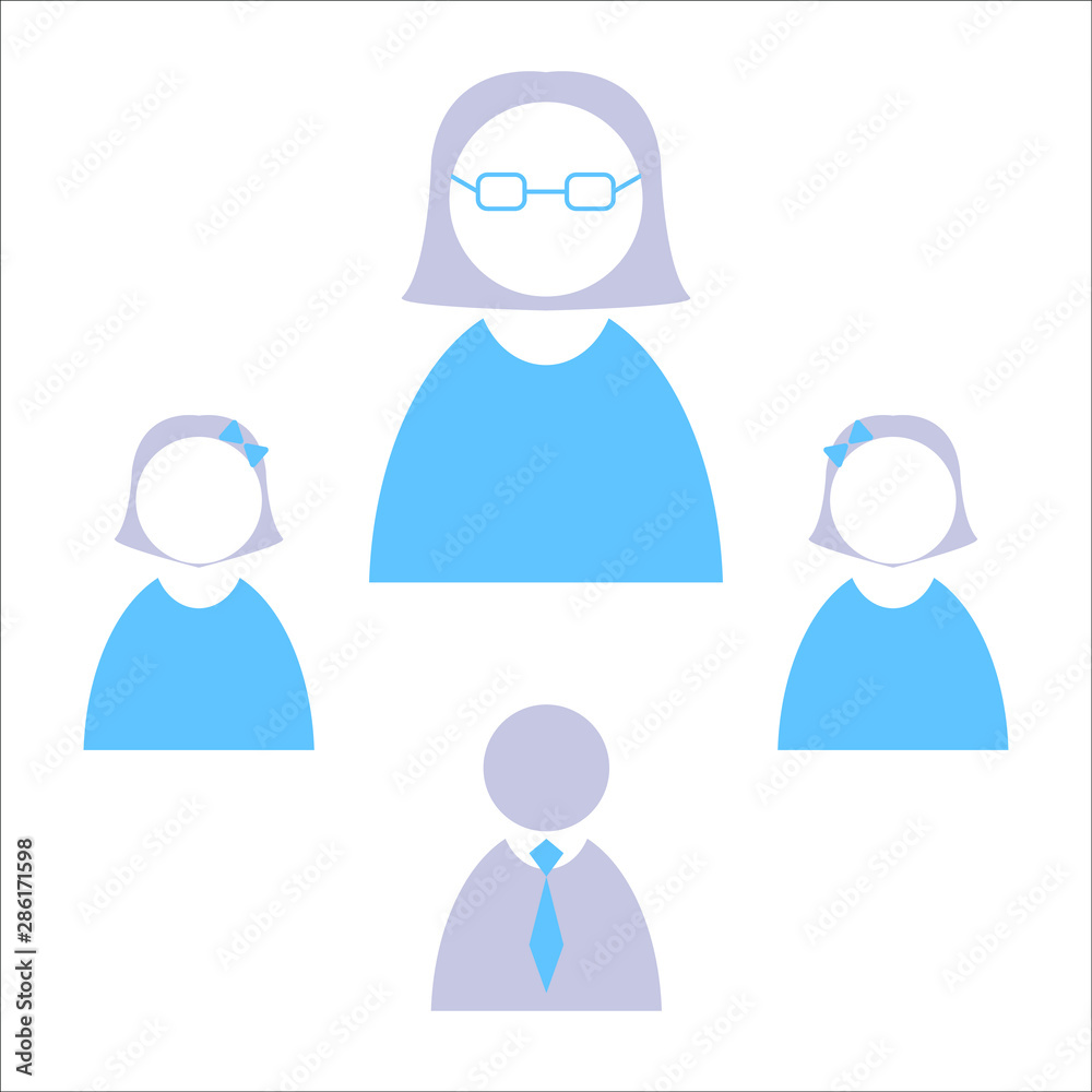 Teacher, student, schoolgboy, schoolgirl-set of 4 isolated icons on white background. Blue, grey person in the school Teacher, student, schoolgboy, schoolgirl-set of 4 isolated icons on white background. Blue, grey person in the school