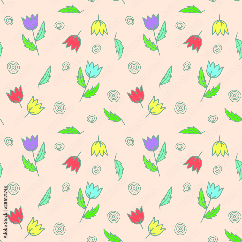 Doodle style, colored bells, leaves on light peach background - vector seamless ornament for decoration Doodle style, colored bells, leaves on light peach background - vector seamless ornament for decoration