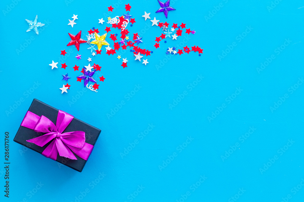 box for gifts with confetti on blue background top view mockup box for gifts with confetti on blue background top view mockup