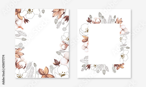 Wedding invitation set. arrangement of cotton boll, cotton branch, wild grass and dried flower in hand painted watercolour and line art style (mix). Isolated on white background 