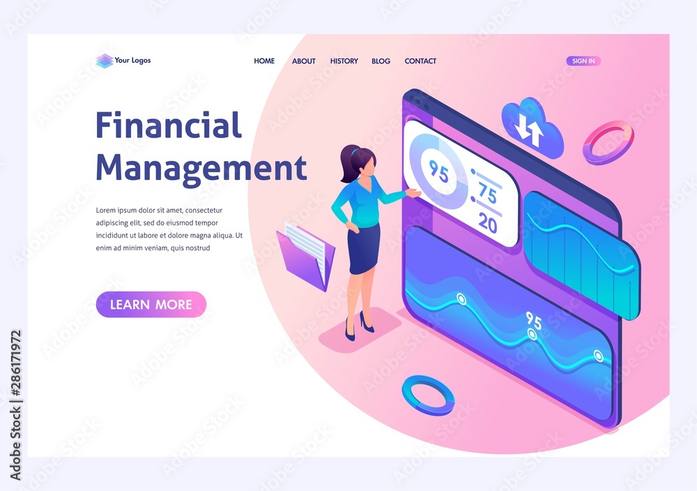 Young girl interacting with charts and analyzing statistics. Financial management concept. 3d isometric. For Landing page concepts and web design Young girl interacting with charts and analyzing statistics. Financial management concept. 3d isometric. For Landing page concepts and web design