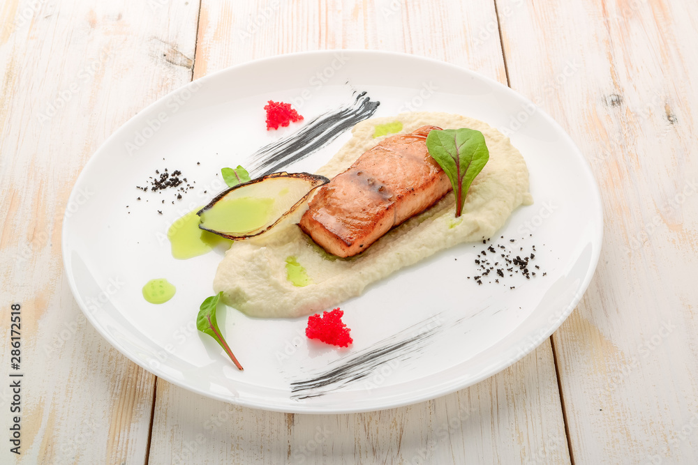salmon steak with mashed potatoes with vegetables salmon steak with mashed potatoes with vegetables