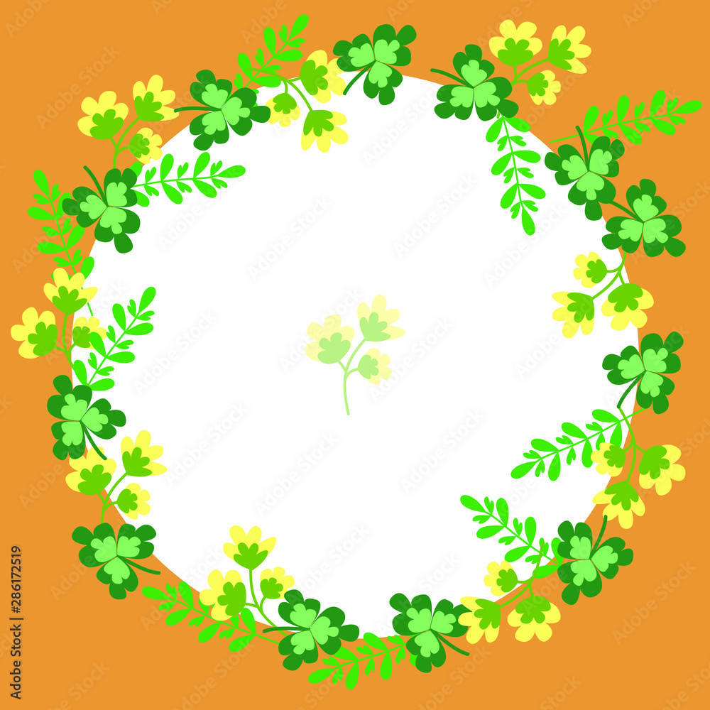 Cute, round wreath of medicinal herbs on orange and white background. Decor for social media, packaging, websites Cute, round wreath of medicinal herbs on orange and white background. Decor for social media, packaging, websites