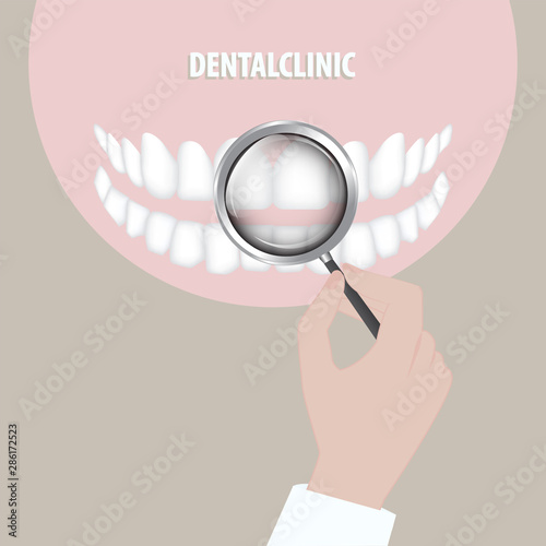 Dental jaw. Doctor's hand with a magnifying glass. - vector. Tooth protection. Dentist icon.
