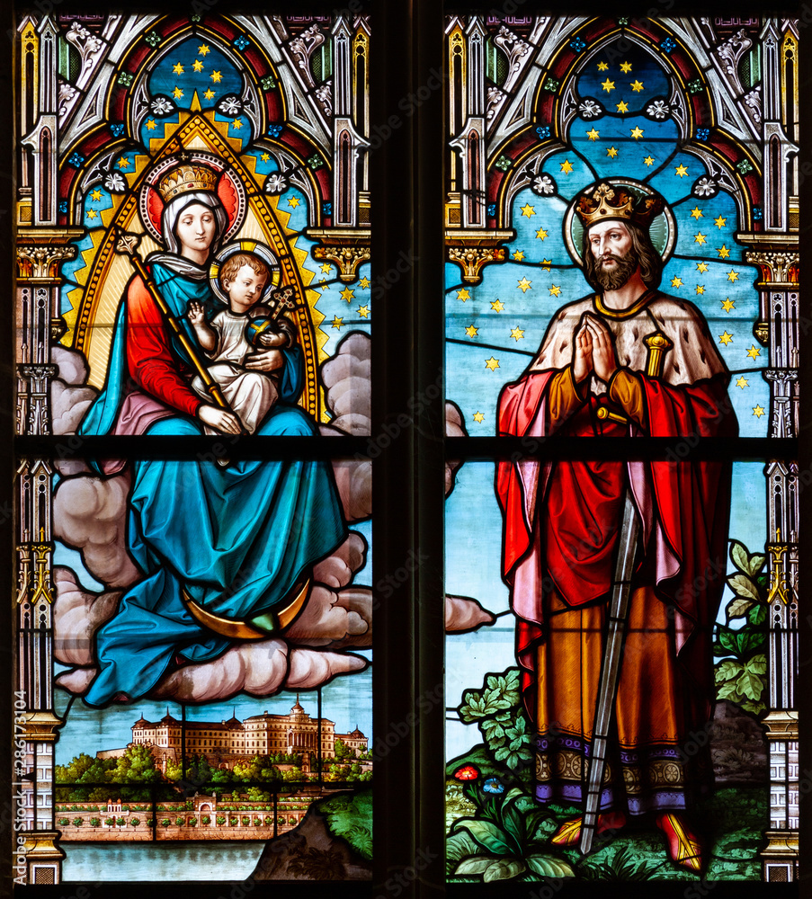 Kosice, Slovakia. 2019/7/5. Stained glass window depicting the Virgin Mary with the Infant Jesus and King Saint Stephen I. in the Cathedral of St Elisabeth (Dom Svatej Alzbety).