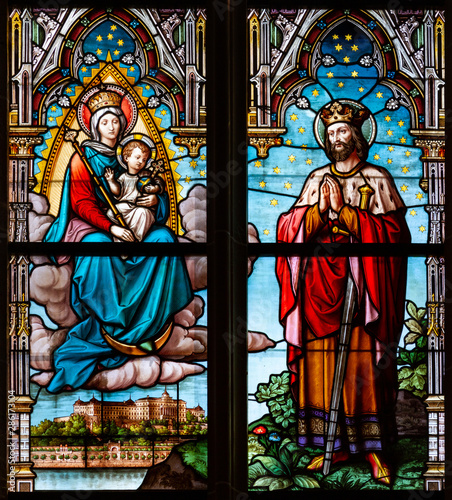 Kosice, Slovakia. 2019/7/5. Stained glass window depicting the Virgin Mary with the Infant Jesus and King Saint Stephen I. in the Cathedral of St Elisabeth (Dom Svatej Alzbety).