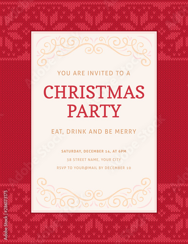 Christmas Party Invitation Template with Knitted Red Christmas Pattern