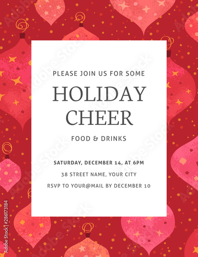 Colorful Christmas Invitation Template with Red and Pink Baubles on a Red Background