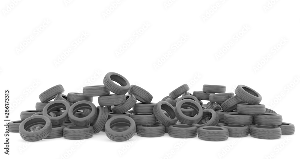 Tire dump isolated on white background. Dirty tires. Recycling tires. Environmental pollution. Global problem. Trashing the planet. 3d rendering. Tire dump isolated on white background. Dirty tires. Recycling tires. Environmental pollution. Global problem. Trashing the planet. 3d rendering.