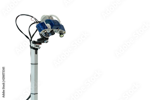 head lens unit of high technology and modern automatic 3d laser scan for measuring or reverse engineering industrial manufacture isolated on white background with clipping path & copy space
