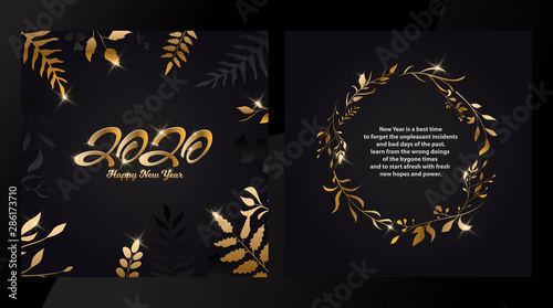 2020 lettering style with glitter effect on dark background with wishes. Golden leaf in wreath, garland. Typography. Collection of Happy New Year and happy holidays.with glitter effect. Vector