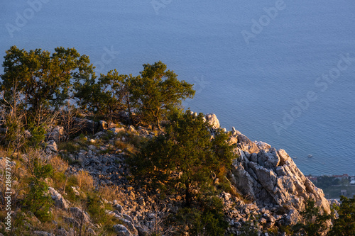 Budva riviera evening view. Montenegro, Balkans, Adriatic sea. photo