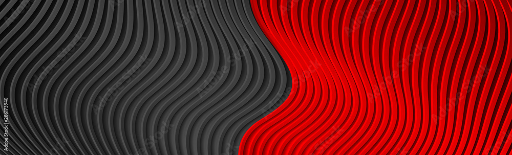 Contrast red and black 3d refracted curved waves. Abstract dark ...