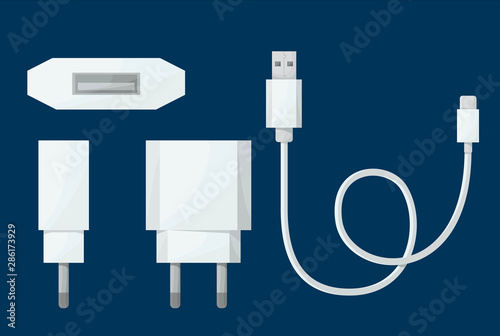 Smartphone USB charger adapter in different view with USB Micro cable. Vector illustration in cartoon style. photo