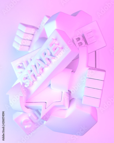 Social media call to action objects. 3d rendering abstract illustration. Like, comment, subscribe, share. White with blue and pink gradient shadows.