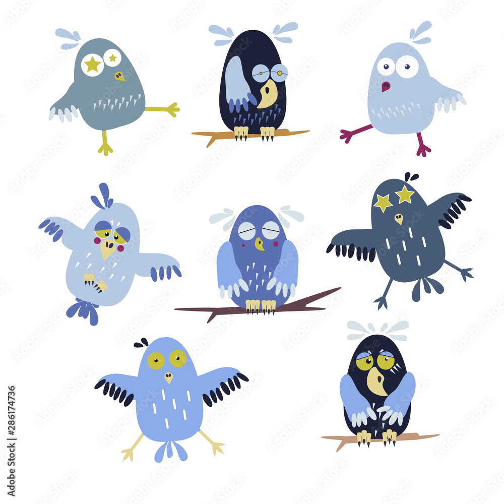 Fototapeta premium Cute vector owl characters showing different species. Vector illustration.