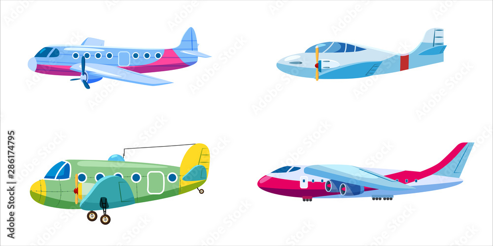 Set of airplanes aircraft different colour. Retro, personal, cargo speed Set of airplanes aircraft different colour. Retro, personal, cargo speed
