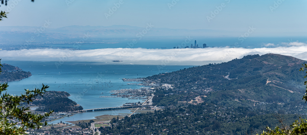 Sausalito, Ca. bay seen from Mt. Tamalpais with a fog bank rolling into the greater bay area