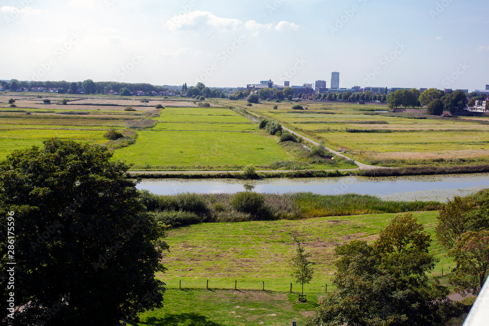 View of nature reserve 'Bossche Broek' close to the city center of Den Bosch. Green nature landscape