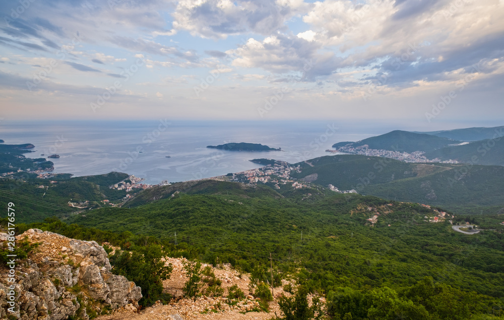 Morning Budva riviera coastline. Montenegro, Balkans, Adriatic sea.