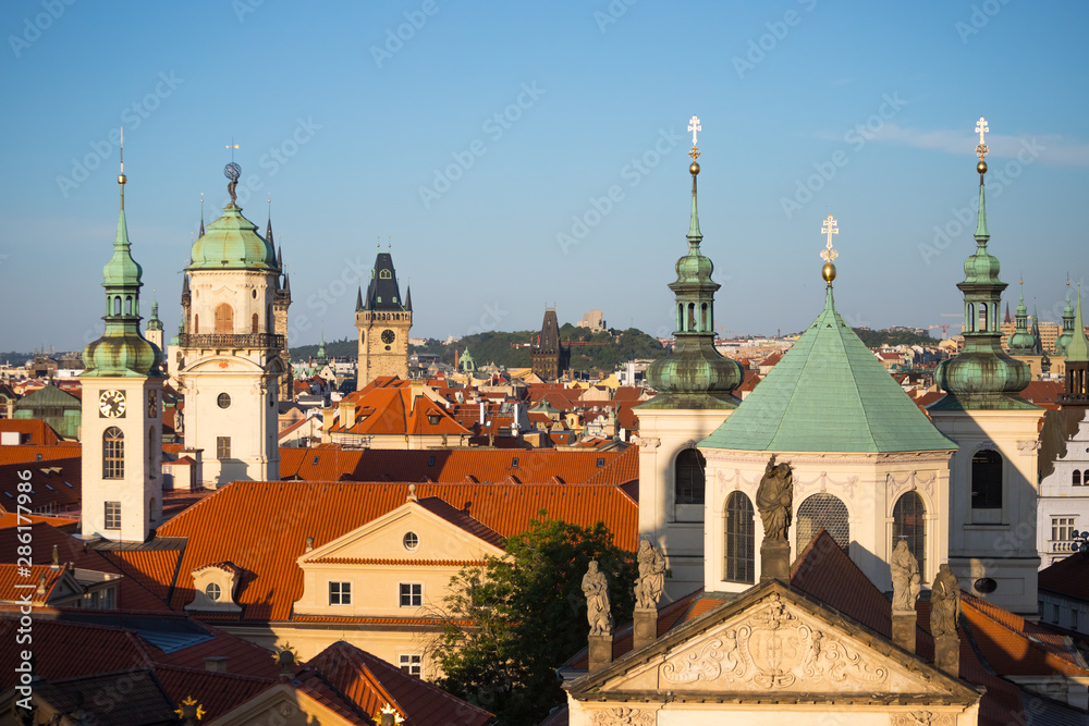 Cityscape of Prague, roofs of old town center.