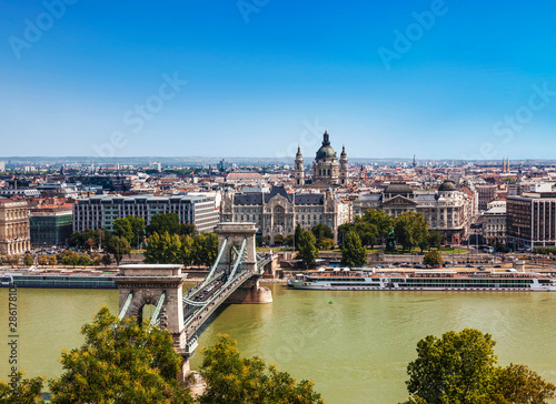 Panorama of Budapest with the Szechenyi Chain Bridge and St. Stephen's Basilica, Hungary