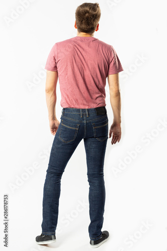 man in jeans, denim pants closeup on white background, blue jeans