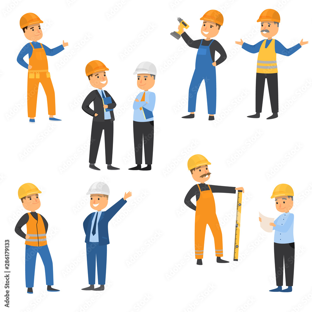 Naklejka Workers at the construction site set. Raster illustration in flat cartoon style