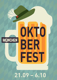 Oktoberfest party poster illustration with mug of beer and blue and hat party background. Vector celebration flyer template for traditional German beer.