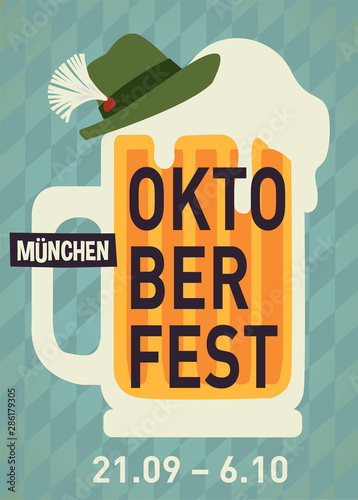 Oktoberfest party poster illustration with mug of beer and blue and hat party background. Vector celebration flyer template for traditional German beer.