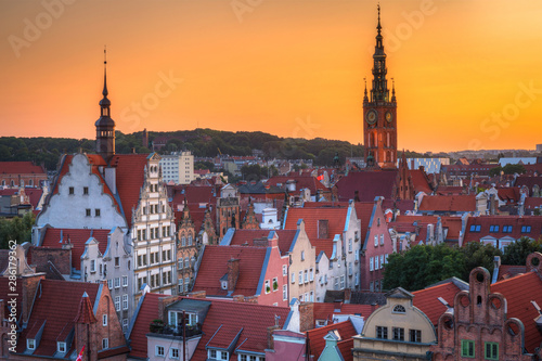 Beautiful architecture of the old town in Gdansk at sunset, Poland.