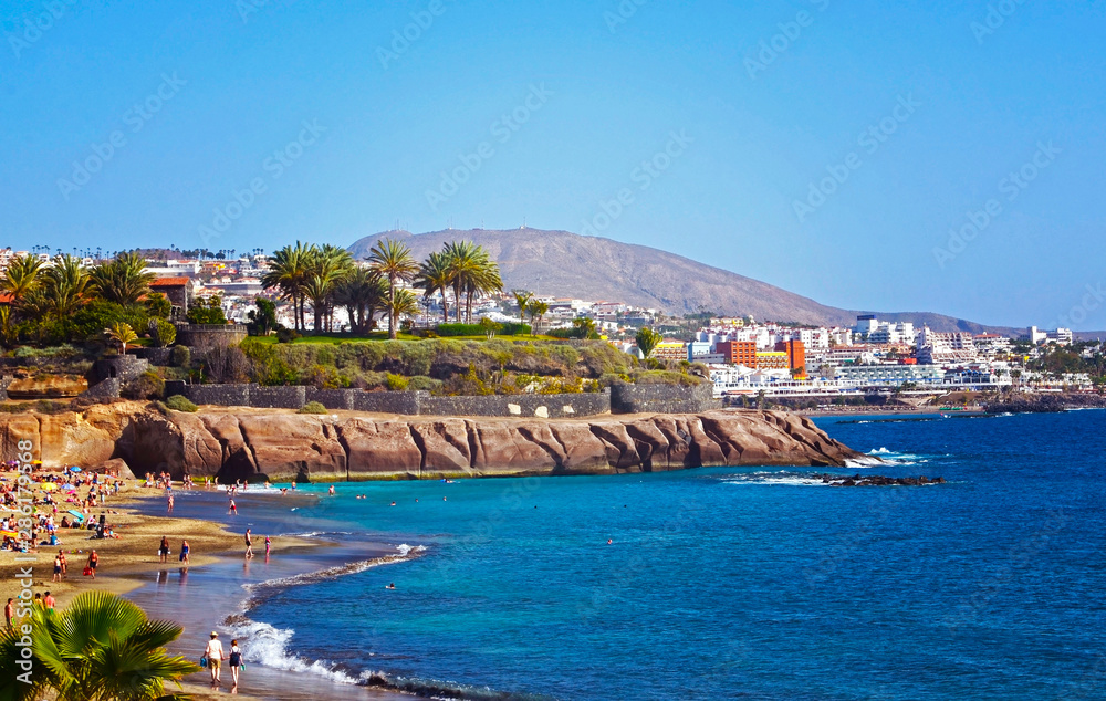 Beautiful coastal view of El Duque beach in Costa Adeje,Tenerife,Canary Islands,Spain.Vacation or travel concept