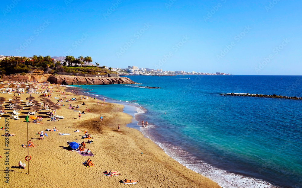 Beautiful coastal view of El Duque beach in Costa Adeje,Tenerife,Canary Islands,Spain.Vacation or travel concept Beautiful coastal view of El Duque beach in Costa Adeje,Tenerife,Canary Islands,Spain.Vacation or travel concept
