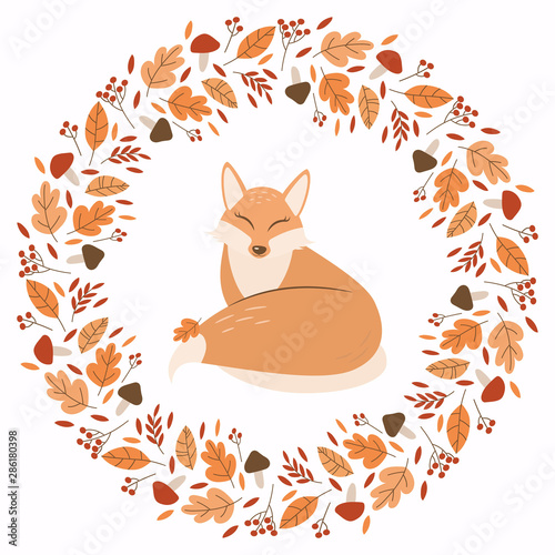 Happy curled up fox in a wreath of leaves, branches, mushrooms.  Autumn card.