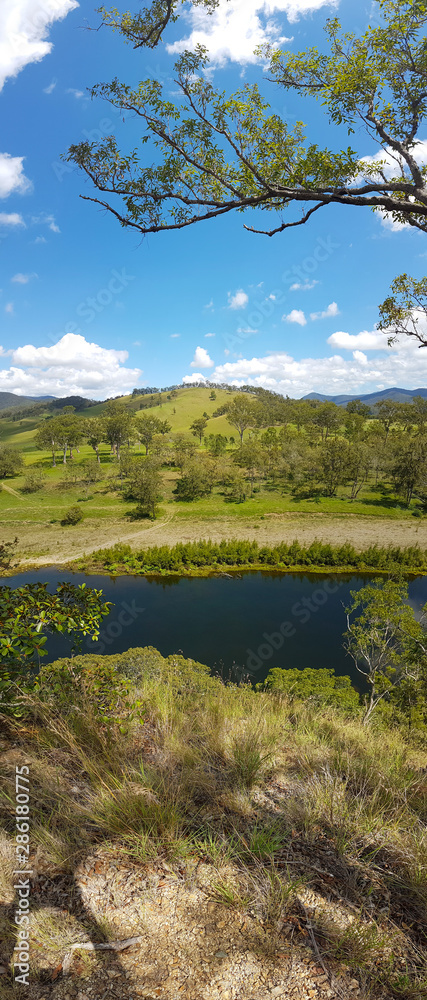 Beautiful view of river, top view. Vertical panorama. Mcclay river of New South Wales, Australia