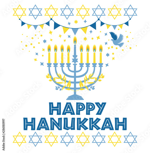Jewish holiday Hanukkah greeting card traditional Chanukah symbols - menorah candles, star David illustration on white.