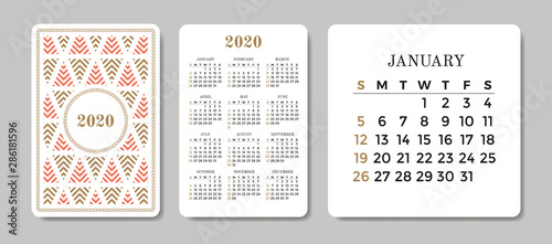 Pocket Calendar 2020 with decorative winter holidays pattern. Vector design template. Week starts on Sunday.