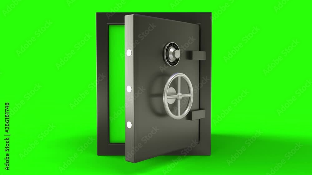 3d animation of opening and close a metal safe bank box with camera going toward with green screen