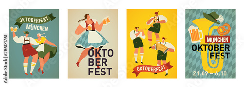 Group Of People Drink Beer Oktoberfest Party Celebration Man And Woman Wearing Traditional Clothes couples dance, musicians play. Fest Concept Flat Vector Illustration.