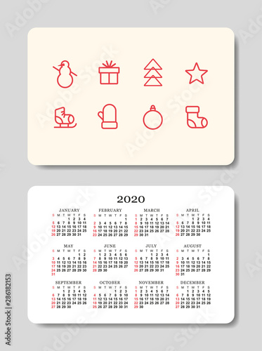 Pocket Calendar 2020 with winter holidays line icons. Happy new year. Modern vector design template. Week starts on Sunday.